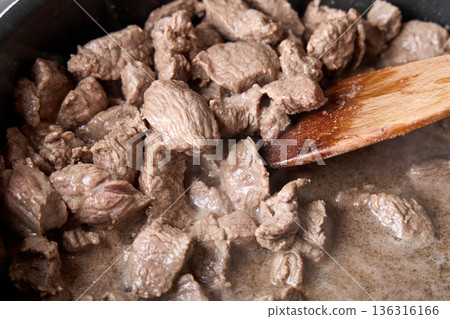 Beef Cubes Frying in Pan Closeup Beef Cubes Frying in Pan Closeup 136316166