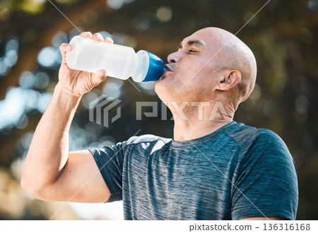 Man, drinking water and hydration in fitness after workout for nutrition, sustainability or thirst in nature. Tired and thirsty male person with healthy beverage for running, exercise or training 136316168