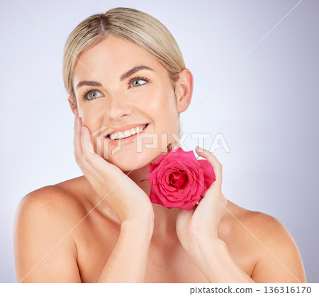 Skincare face, studio flower or happy woman with eco friendly product, organic beauty or natural cosmetics. Floral, sustainable dermatology or makeup person with self love rose on white background 136316170