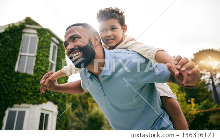 Plane, relax and happy with father and son in garden for playful, bonding and love. Happiness, hug and smile with man and child playing in backyard of family home for real estate and new house 136316171
