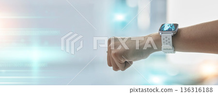 Hand, smart watch or person with time, mockup space or screen for application, website or innovation. Digital clock, futuristic or arm of user with online technology, wrist gadget or device data 136316188