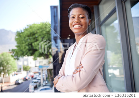 Black woman in city, arms crossed and business employee with smile in portrait outdoor, career success and pride. Happy, professional mindset and African female person in urban street with confidence Black woman in city, arms crossed and business employee with smile in portrait outdoor, career success and pride. Happy, professional mindset and African female person in urban street with confidence 136316201