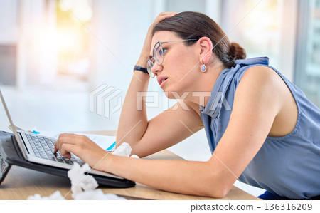 Workplace, stressed and female professional with laptop is tired at office with frustrated. Burnout, job and employee with tech or woman is sick or fatigue or depressed with deadline for online work. Workplace, stressed and female professional with laptop is tired at office with frustrated. Burnout, job and employee with tech or woman is sick or fatigue or depressed with deadline for online work. 136316209