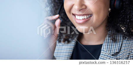 Call center, woman and mouth talking for communication, customer service and CRM at computer with mockup space. Closeup, face and happy agent with microphone for telemarketing, consulting and support Call center, woman and mouth talking for communication, customer service and CRM at computer with mockup space. Closeup, face and happy agent with microphone for telemarketing, consulting and support 136316257