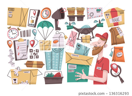 Colorful delivery stickers set with parcels, envelopes and postal equipment and friendly courier Colorful delivery stickers set with parcels, envelopes and postal equipment and friendly courier 136316293