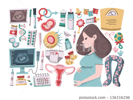 Pregnancy, conceiving child, preparing and waiting for childbirth stickers set with pregnant woman 136316296