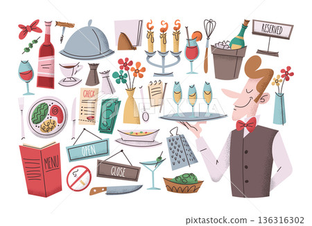 High quality restaurant service sticker set with friendly smiling waiter in uniform holding tray High quality restaurant service sticker set with friendly smiling waiter in uniform holding tray 136316302
