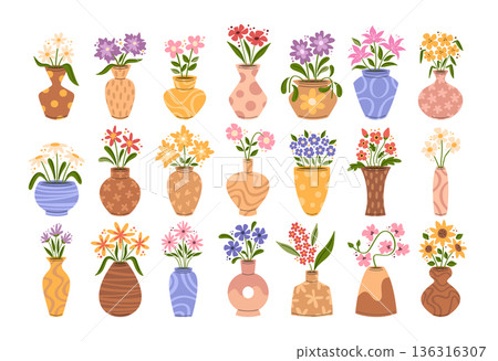 International Women Day flowers, spring bouquets, floral gifts composition in vases isolated set International Women Day flowers, spring bouquets, floral gifts composition in vases isolated set 136316307