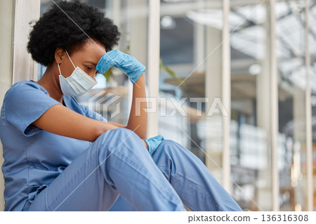 Surgeon mental health, crying and black woman depressed about clinic news, hospital crisis or nurse mistake. Doctor, frustrated or African female nurse sad about healthcare risk, pain or sit on floor 136316308