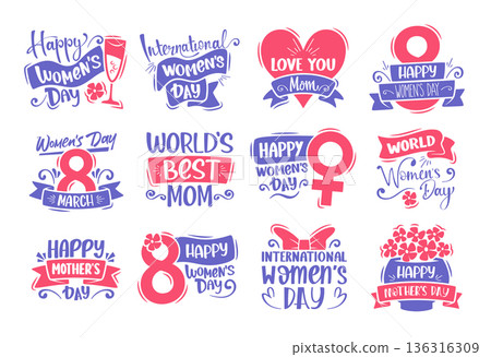 Mother Day labels set of spring holiday greetings with floral decorations and handwritten text Mother Day labels set of spring holiday greetings with floral decorations and handwritten text 136316309