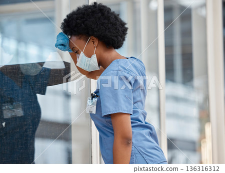 Surgeon, mental health problem and black woman sad after surgery fail, hospital error or clinic crisis. Depression, burnout and African female doctor tired after medical mistake, stress or healthcare Surgeon, mental health problem and black woman sad after surgery fail, hospital error or clinic crisis. Depression, burnout and African female doctor tired after medical mistake, stress or healthcare 136316312