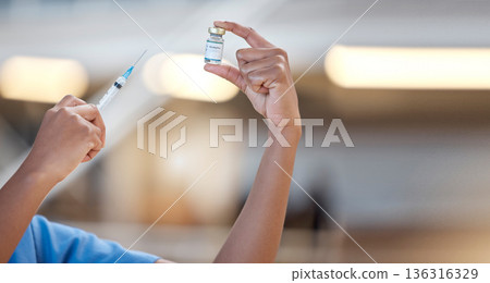 Vaccine, hands and doctor with syringe for monkeypox, bottle and medicine for healthcare in hospital. Closeup, nurse and liquid vial with injection for vaccination, medical virus and healthy immunity 136316329