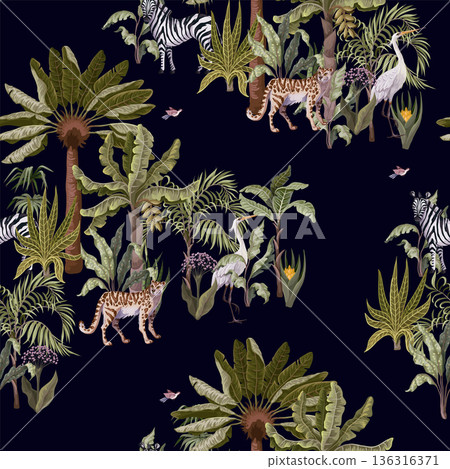 Seamless pattern with tropical trees and animals. Vector. 136316371