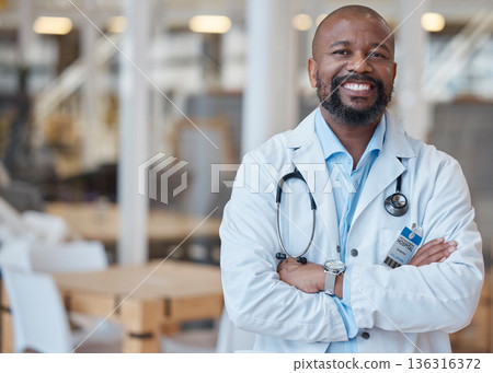 Portrait, black man and happy doctor with arms crossed in hospital for healthcare. African medical professional, face and surgeon, person or confident employee from Nigeria with smile for wellness. Portrait, black man and happy doctor with arms crossed in hospital for healthcare. African medical professional, face and surgeon, person or confident employee from Nigeria with smile for wellness. 136316372