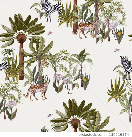 Seamless pattern with tropical trees and animals. Vector. Seamless pattern with tropical trees and animals. Vector. 136316374