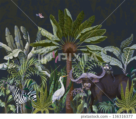 Border with bull and other animals in jungle. Vector. 136316377