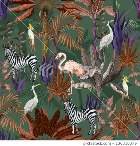 Seamless pattern with tropical animals in jungle. Vector. Seamless pattern with tropical animals in jungle. Vector. 136316379