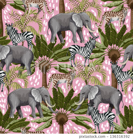 Seamless pattern with elephants, zebras and tropical trees 136316392
