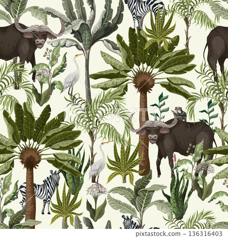 Seamless pattern with bull and other animals in jungle. Vector. 136316403