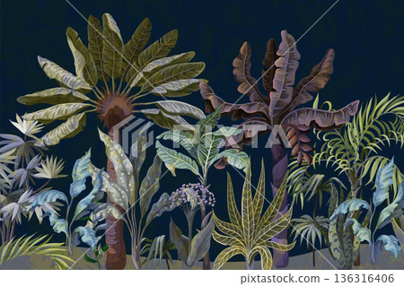 Border with jungle trees, palm, banana and other. 136316406