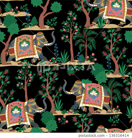 Seamless pattern with Indian elephants and decorative elements. Vector. Seamless pattern with Indian elephants and decorative elements. Vector. 136316414