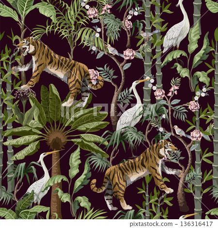 Seamless pattern in chinoiserie style with tiger, heron and jungle trees. Seamless pattern in chinoiserie style with tiger, heron and jungle trees. 136316417