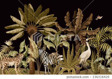 Border with jungle trees and wild birds and animals. Vector. 136316420
