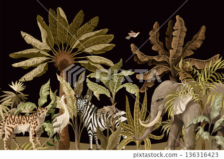 Pattern with elephants, zebras and tropical trees Pattern with elephants, zebras and tropical trees 136316423
