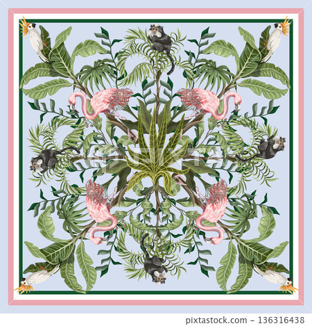 Design scarf with tropical trees, flamingo and parrots. Vector. Design scarf with tropical trees, flamingo and parrots. Vector. 136316438