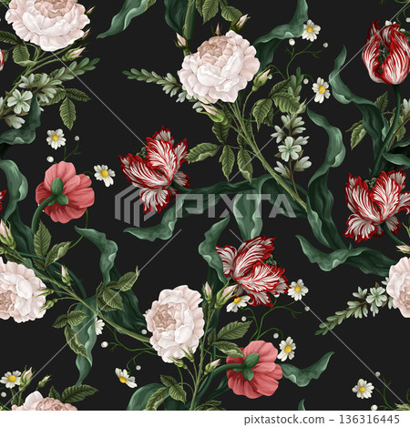 Seamless pattern with vintage flowers, such as roses, tulips. Vector. Seamless pattern with vintage flowers, such as roses, tulips. Vector. 136316445