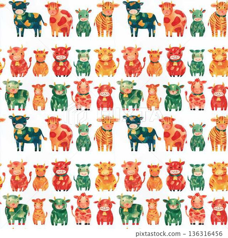 Seamless Pattern Cute Comic Farm Animals with Happy Cow and Farm Accessories for Kids Nursery Decor 136316456