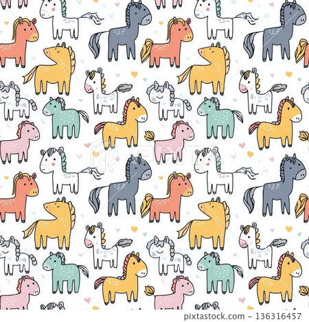 Seamless Pattern Cute Comic Farm Animals with Colorful Accessories for Kids Nursery Decor 136316457