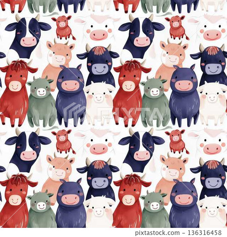 Seamless Pattern Cute Comic Farm Animals Collage for Kids Nursery Decor Joyful Expressions in Pastel Colors 136316458