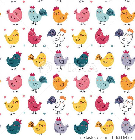 Seamless Pattern Cute Comic Farm Animals with Rooster Hand Painted Colorful Nursery Decor Child Friendly Design 136316459