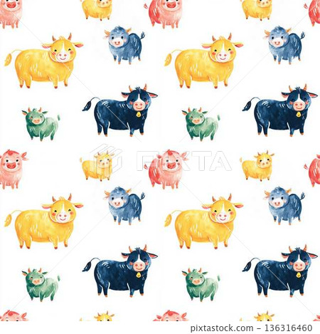 Seamless Pattern Cute Comic Farm Animals and Accessories for Kids Nursery Decor Fun Colorful Design 136316460