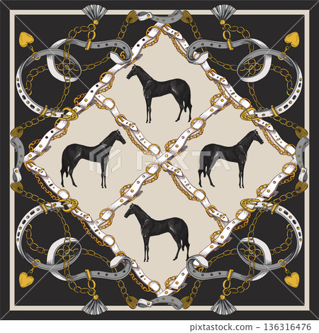 Design scarf with belts and horses. Vector. Design scarf with belts and horses. Vector. 136316476