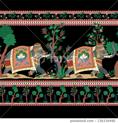 Seamless pattern with Indian elephants and decorative elements. Vector. 136316490