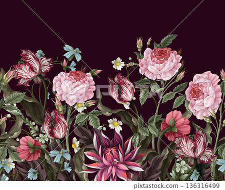 Border pattern with vintage flowers, such as roses, tulips. Vector. Border pattern with vintage flowers, such as roses, tulips. Vector. 136316499