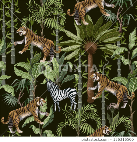 Seamless pattern in chinoiserie style with tiger, heron and jungle trees. Seamless pattern in chinoiserie style with tiger, heron and jungle trees. 136316500