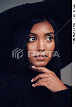 Fashion, woman in hat and beauty, thinking with makeup and elegance, glamour with luxury on studio background. Designer clothes, black aesthetic and female model with vintage style and cosmetic shine Fashion, woman in hat and beauty, thinking with makeup and elegance, glamour with luxury on studio background. Designer clothes, black aesthetic and female model with vintage style and cosmetic shine 136316502