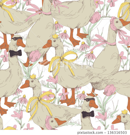 Cute goose seamless vector pattern with flowers bows crowns handdrawn farm illustration 136316503