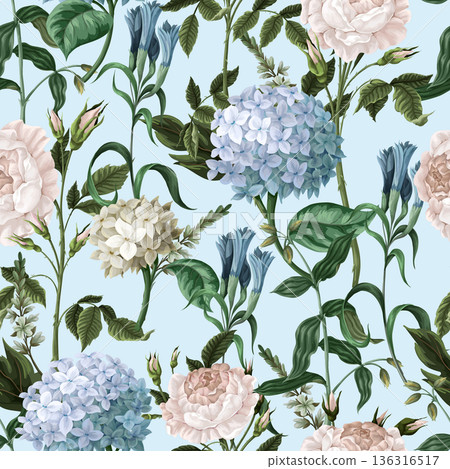 Seamless pattern with hydrangeas and roses. Vector. Seamless pattern with hydrangeas and roses. Vector. 136316517