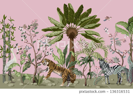 Pattern in chinoiserie style with tiger, heron and jungle trees. 136316531