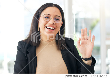 Video call, happiness or business woman greeting, wave hello and happy for HR management work, job or career. Corporate company, face portrait or professional person welcome in human resources office Video call, happiness or business woman greeting, wave hello and happy for HR management work, job or career. Corporate company, face portrait or professional person welcome in human resources office 136316534