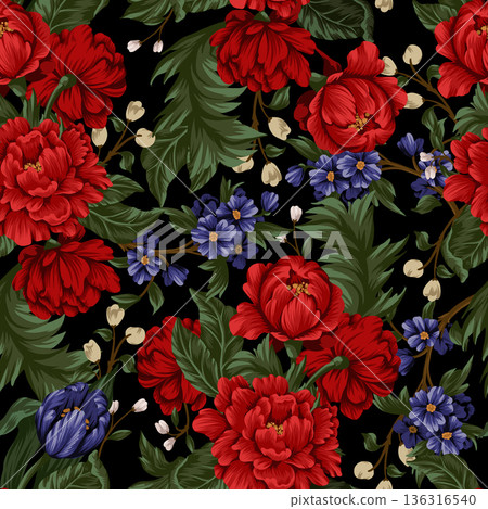 Seamless pattern with red peonies and small flowers. Vector. Seamless pattern with red peonies and small flowers. Vector. 136316540