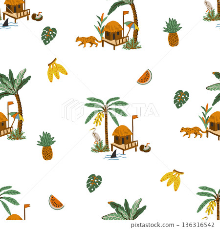 Summer tropical seamless vector pattern with island icons animals fruits palm boats Summer tropical seamless vector pattern with island icons animals fruits palm boats 136316542