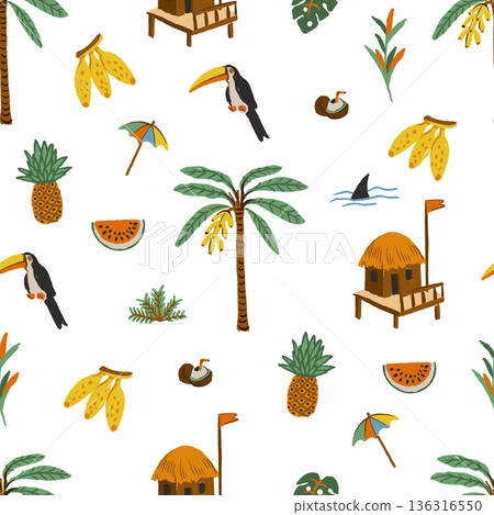 Summer tropical seamless vector pattern with island icons animals fruits palm boats Summer tropical seamless vector pattern with island icons animals fruits palm boats 136316550