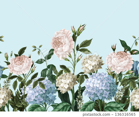 Border with hydrangeas and roses. Vector. Border with hydrangeas and roses. Vector. 136316565