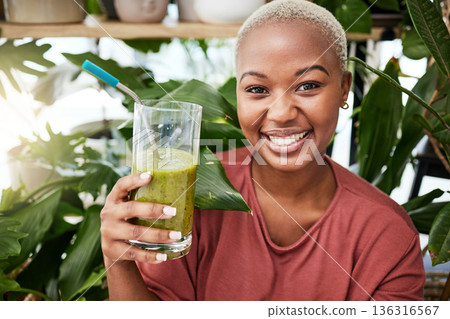 Health, diet and smile with black woman and smoothie for detox, breakfast and protein. Nutrition, food and weight loss with face of person and drink for green juice, vitamins and supplement Health, diet and smile with black woman and smoothie for detox, breakfast and protein. Nutrition, food and weight loss with face of person and drink for green juice, vitamins and supplement 136316567