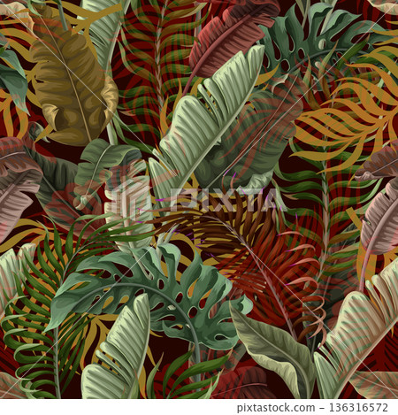 Seamless pattern with tropical leaves on black background. Vector. Seamless pattern with tropical leaves on black background. Vector. 136316572